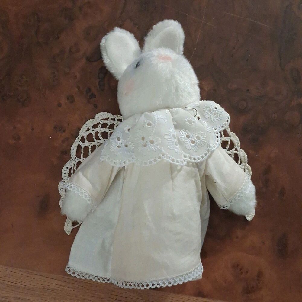 vintage hallmark plush angel bunny white rabbit lace dress tree topper christmas